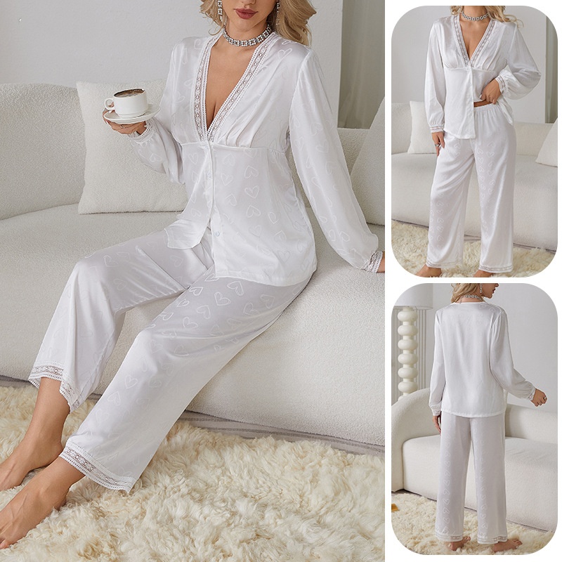 Women Spring  Autumn V-Neck Lace Long Sleeve Long Pants Homewear Pajama Set